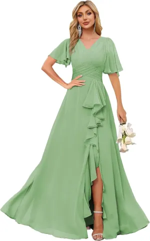 V Neck Short Sleeve Chiffon Bridesmaid Dresses for Women Long Split Ruffled Formal Evening Dress MAOF020