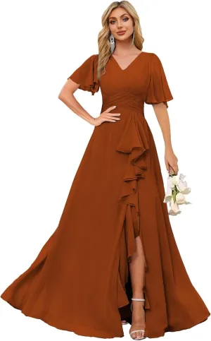 V Neck Short Sleeve Chiffon Bridesmaid Dresses for Women Long Split Ruffled Formal Evening Dress MAOF020