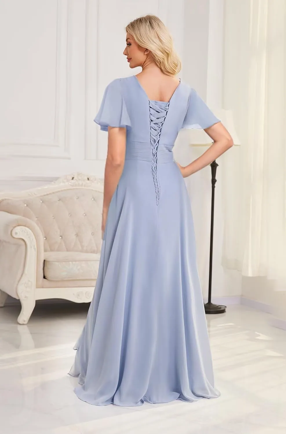 V Neck Short Sleeve Chiffon Bridesmaid Dresses for Women Long Split Ruffled Formal Evening Dress MAOF020