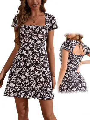 VETIOR Cute mini Dress Square Neck Cap Sleeves Summer Backless A Line Dresses with Pocket 2025