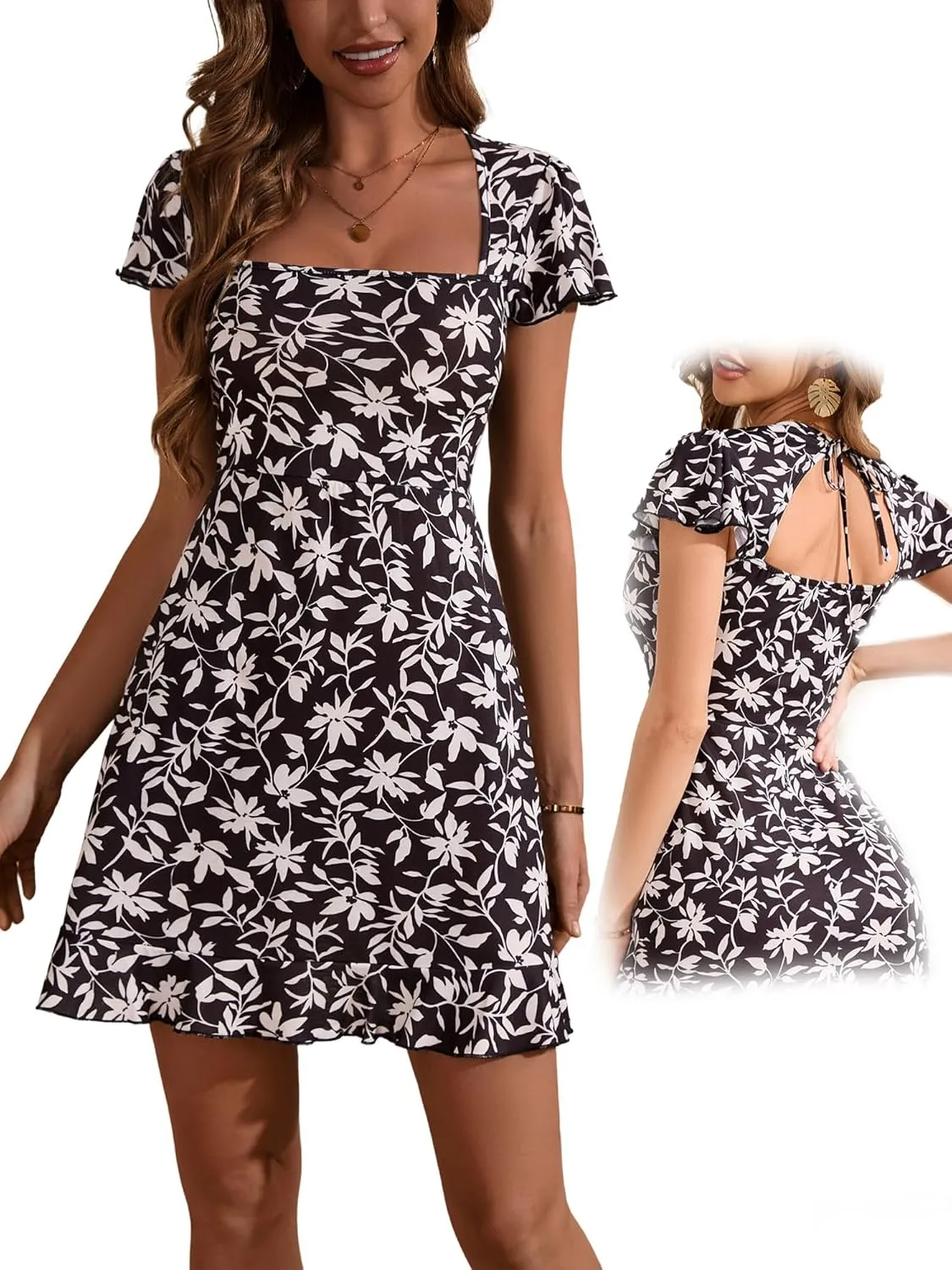 VETIOR Cute mini Dress Square Neck Cap Sleeves Summer Backless A Line Dresses with Pocket 2025