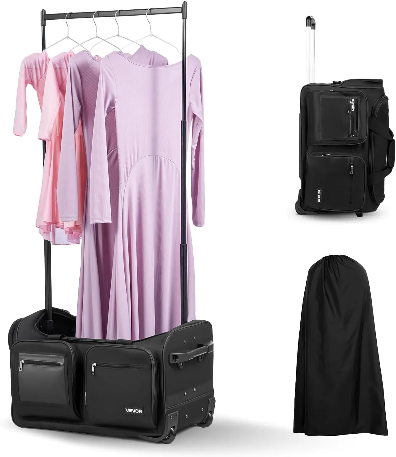 VEVOR Dance Bag with Garment Rack, 23 Inch Rolling Dance Duffel, with Wheels, USB Port, Height Adjustable Clothes Rack, Privacy Protection Curtain, Ideal for Travel and Competitions, Matte Black