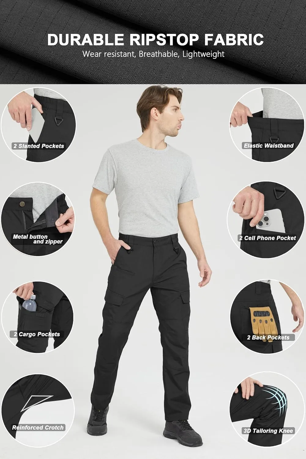 wantdo Men's Work Pants Stretch Flex Utility Cargo Tactical Pants for Men Lightweight Outdoor Hiking Pants