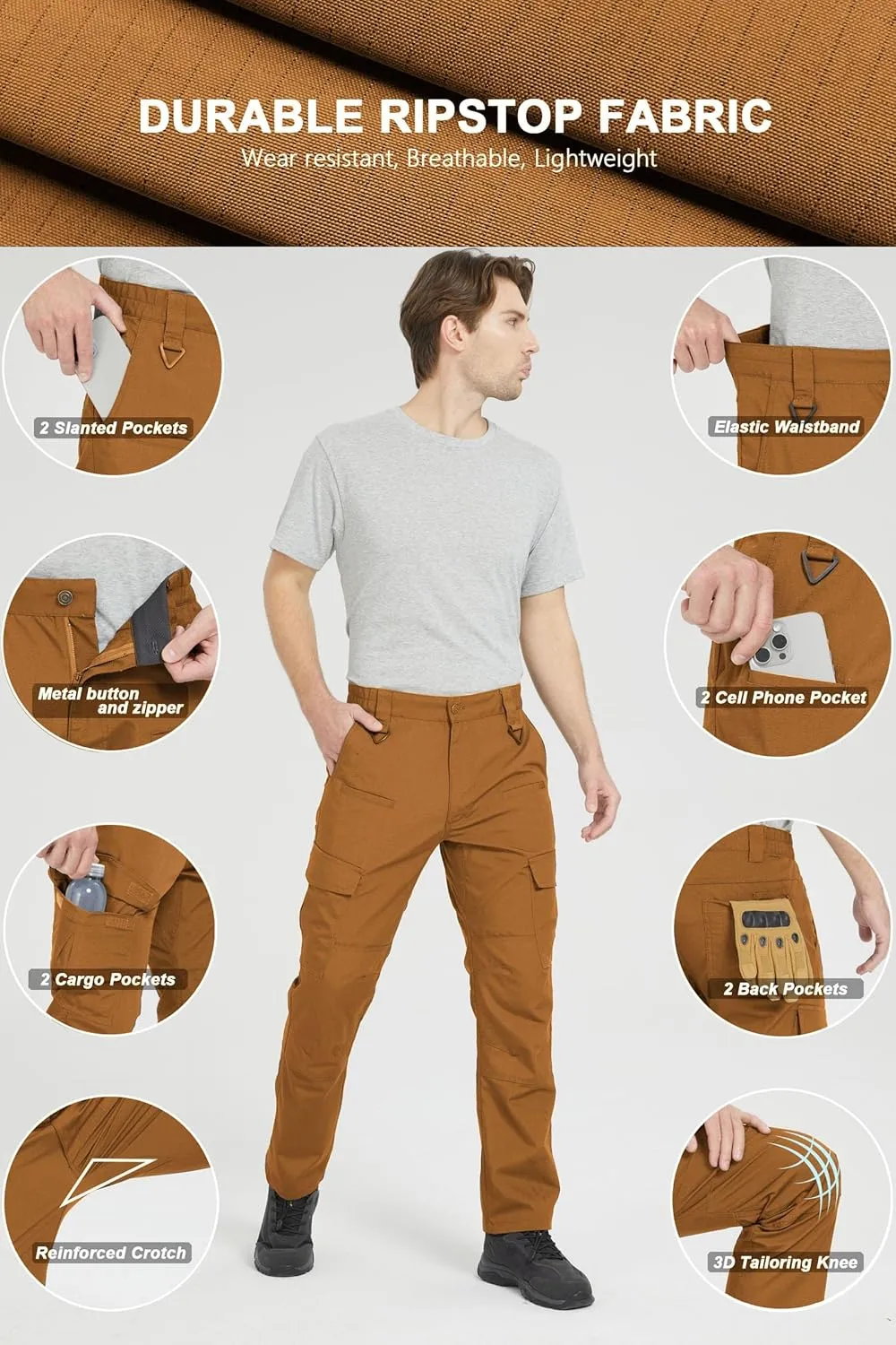 wantdo Men's Work Pants Stretch Flex Utility Cargo Tactical Pants for Men Lightweight Outdoor Hiking Pants
