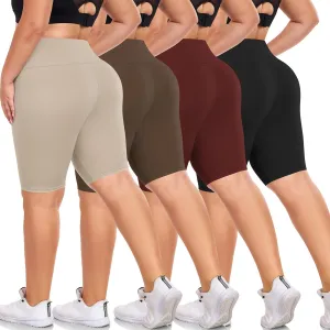 we fleece Women's Plus Size Biker Shorts 8" High Waist Tummy Control 4-Pack, Workout Running Yoga Athletic Shorts