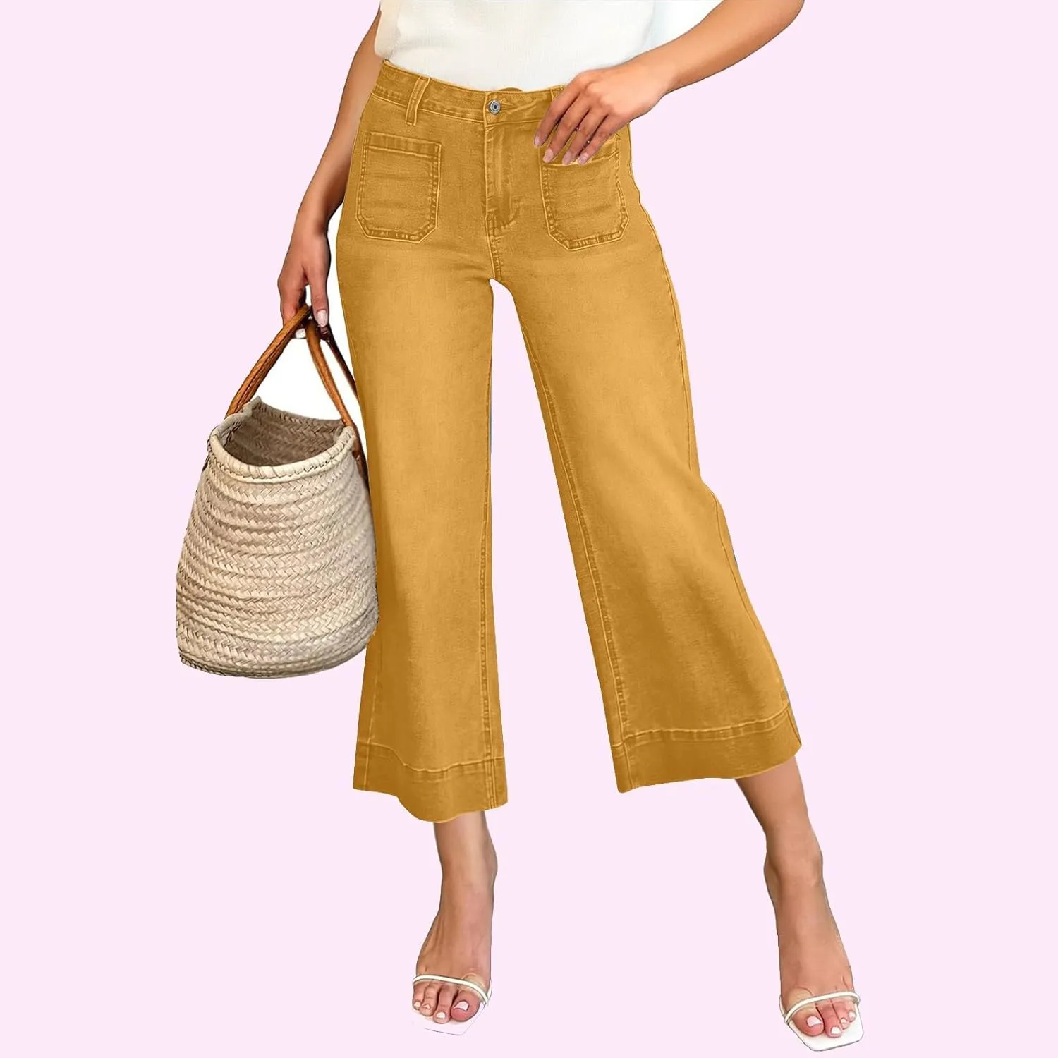 Wide Leg Cropped Jeans for Women Bootcut High Waisted Flare Jeans Stretchy Baggy Denim Pants with Front Patch Pockets