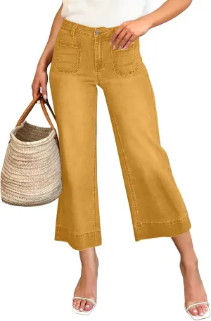 Wide Leg Cropped Jeans for Women Bootcut High Waisted Flare Jeans Stretchy Baggy Denim Pants with Front Patch Pockets