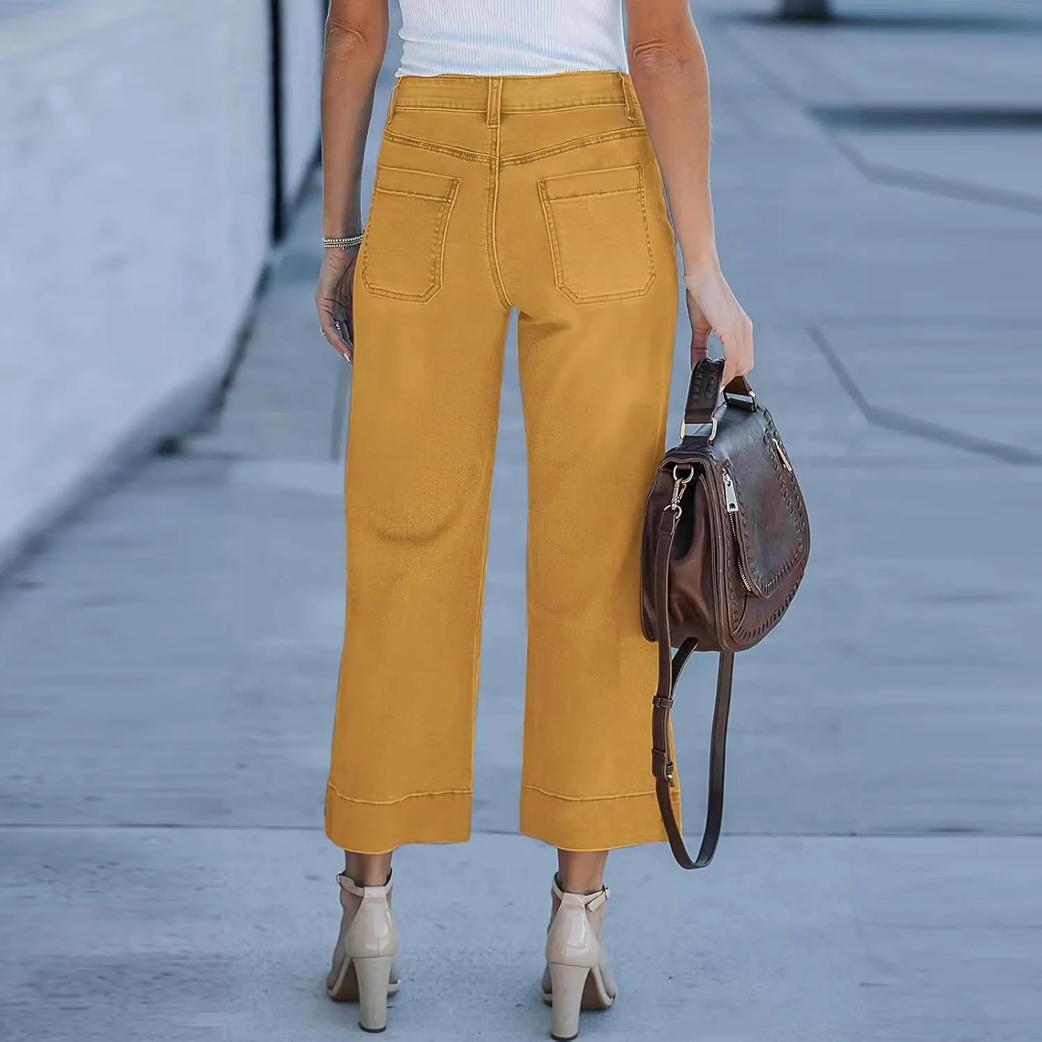 Wide Leg Cropped Jeans for Women Bootcut High Waisted Flare Jeans Stretchy Baggy Denim Pants with Front Patch Pockets