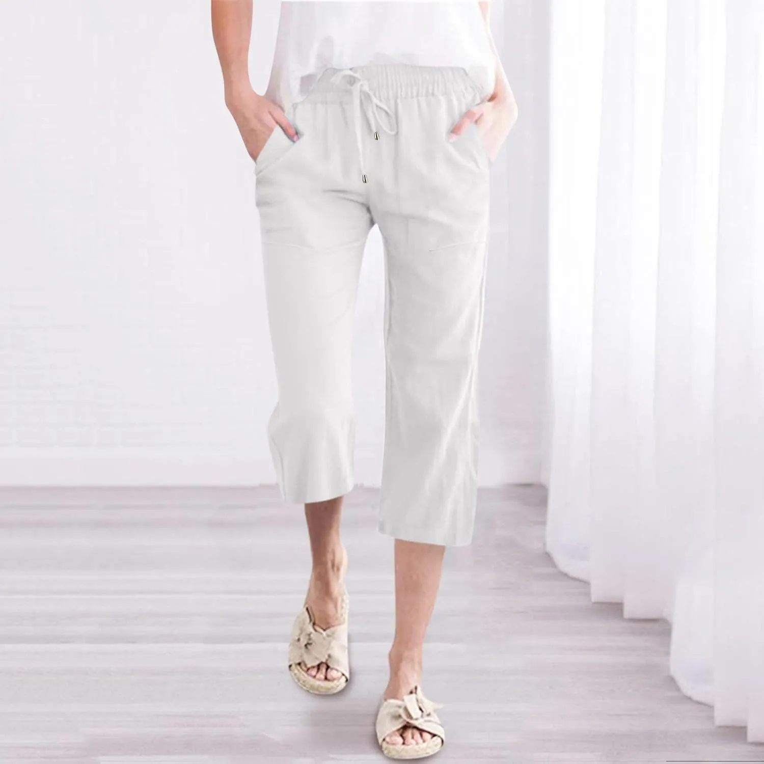 Wide Leg Cropped Pants For Women Pull On Comfy Straight Leg Linen Capris Summer Light Weight Lounge Trousers 2024