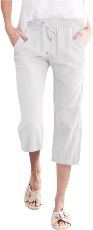 Wide Leg Cropped Pants For Women Pull On Comfy Straight Leg Linen Capris Summer Light Weight Lounge Trousers 2024