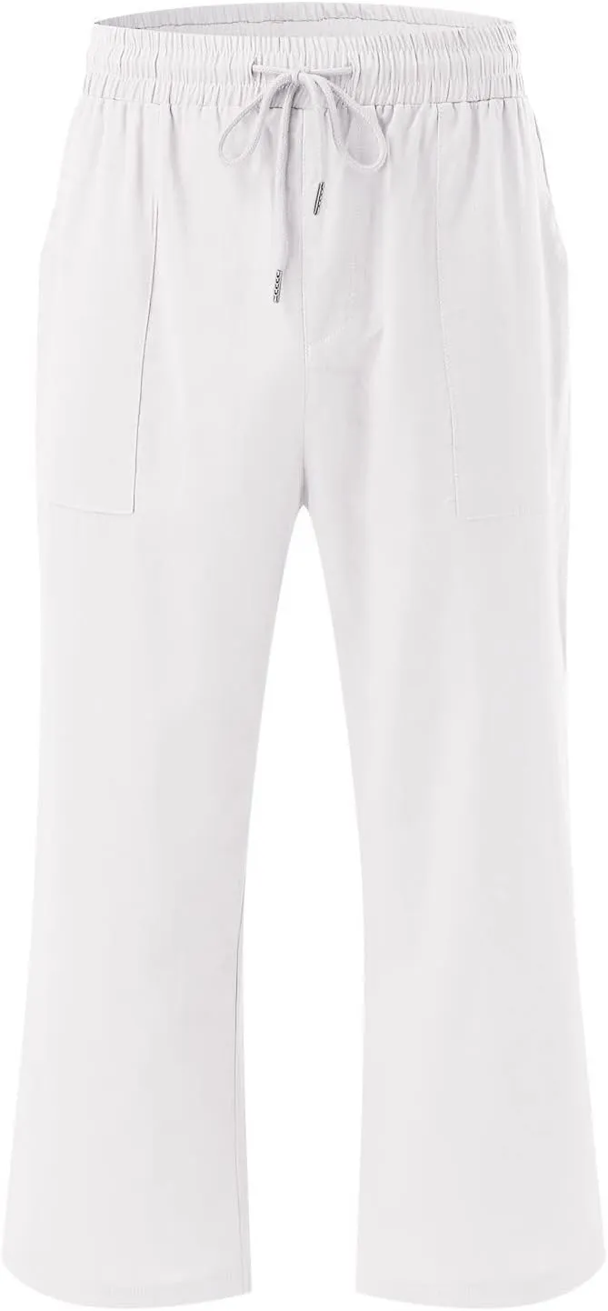 Wide Leg Cropped Pants For Women Pull On Comfy Straight Leg Linen Capris Summer Light Weight Lounge Trousers 2024