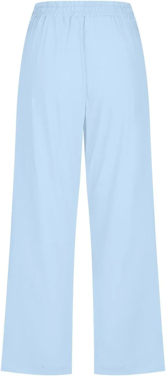 Wide Leg Cropped Pants For Women Pull On Comfy Straight Leg Linen Capris Summer Light Weight Lounge Trousers 2024