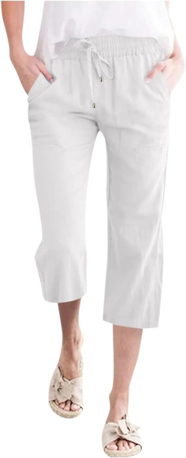 Wide Leg Cropped Pants For Women Pull On Comfy Straight Leg Linen Capris Summer Light Weight Lounge Trousers 2024