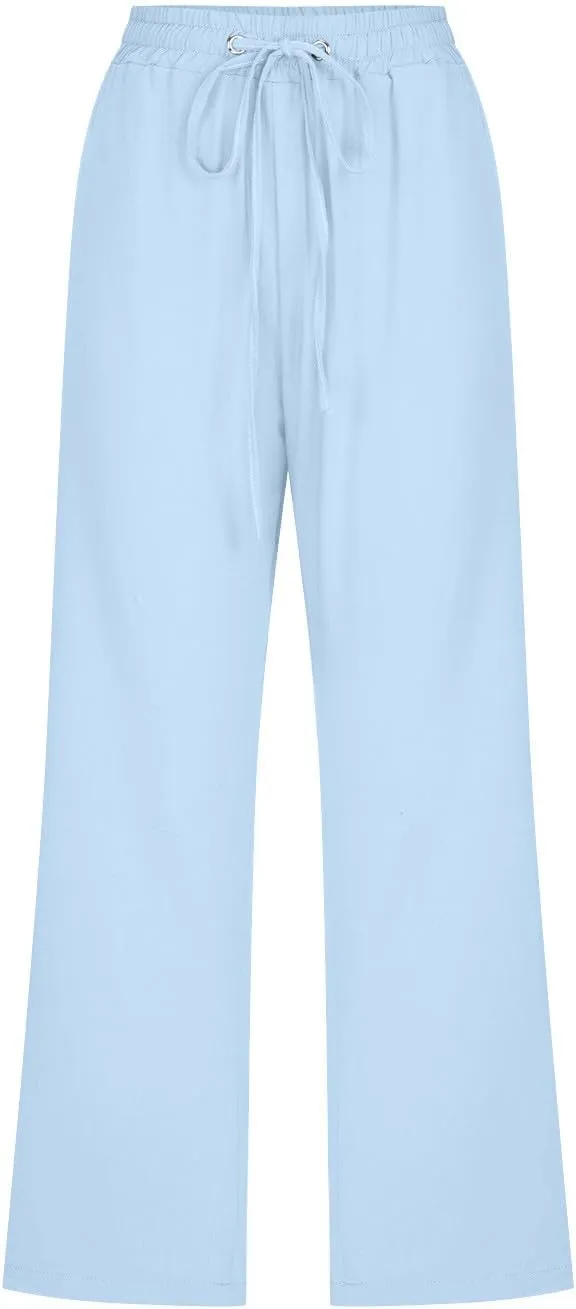 Wide Leg Cropped Pants For Women Pull On Comfy Straight Leg Linen Capris Summer Light Weight Lounge Trousers 2024
