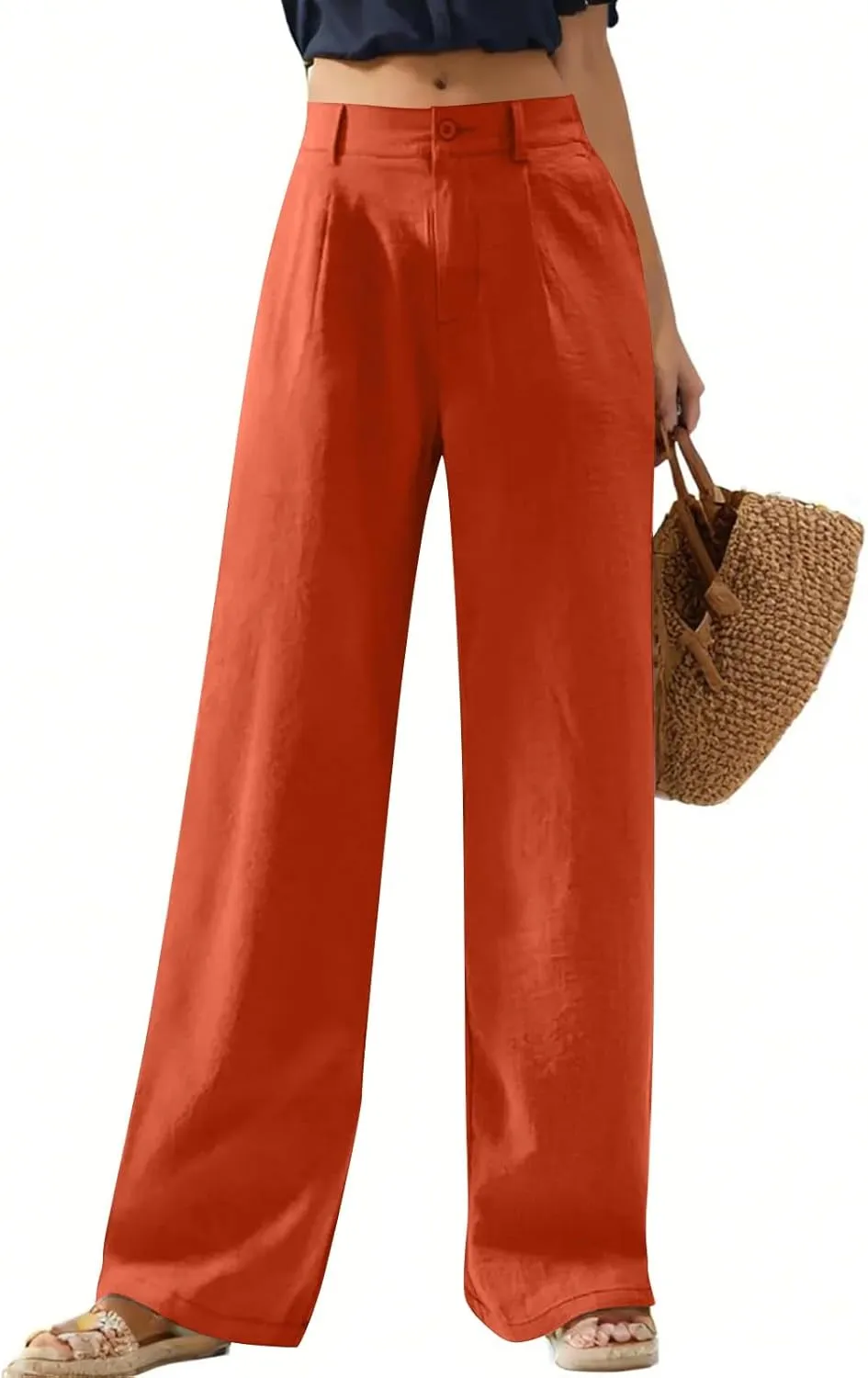 Wide Leg Linen Pants for Women Business Casual High Waisted Dress Pants Office Work Pants Straight Trousers w/Pockets