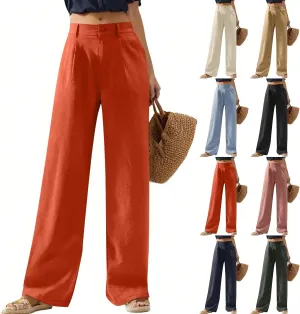 Wide Leg Linen Pants for Women Business Casual High Waisted Dress Pants Office Work Pants Straight Trousers w/Pockets