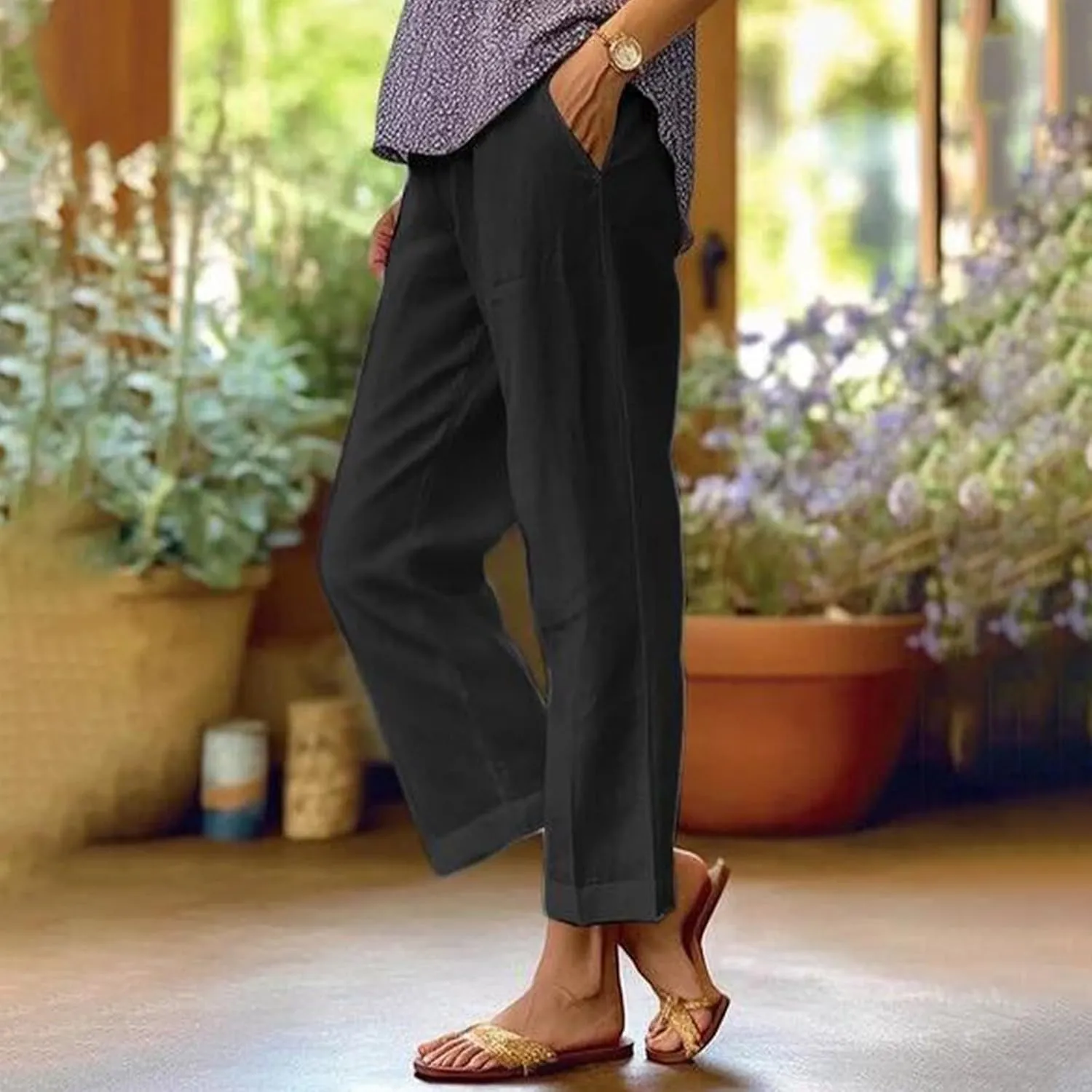 Wide Leg Linen Pants for Women Plus Size Cropped Linen Pants Casual Summer Elastic High Waisted Lounge Pants