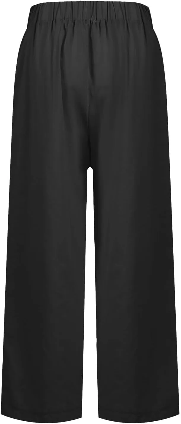 Wide Leg Linen Pants for Women Plus Size Cropped Linen Pants Casual Summer Elastic High Waisted Lounge Pants
