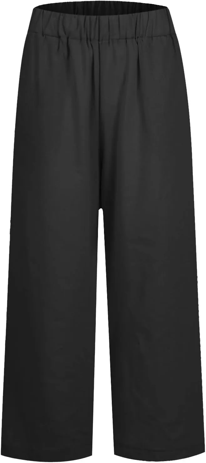 Wide Leg Linen Pants for Women Plus Size Cropped Linen Pants Casual Summer Elastic High Waisted Lounge Pants