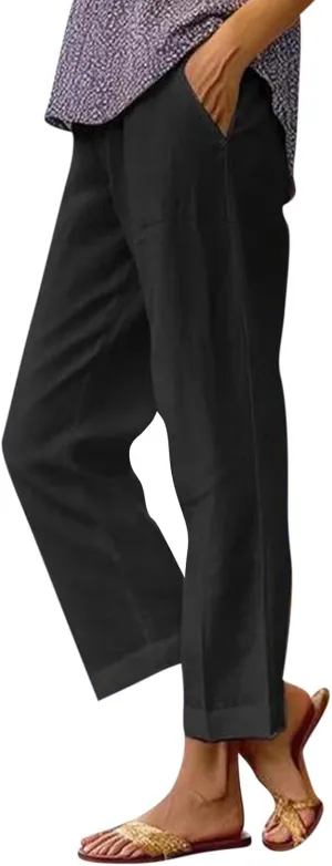 Wide Leg Linen Pants for Women Plus Size Cropped Linen Pants Casual Summer Elastic High Waisted Lounge Pants