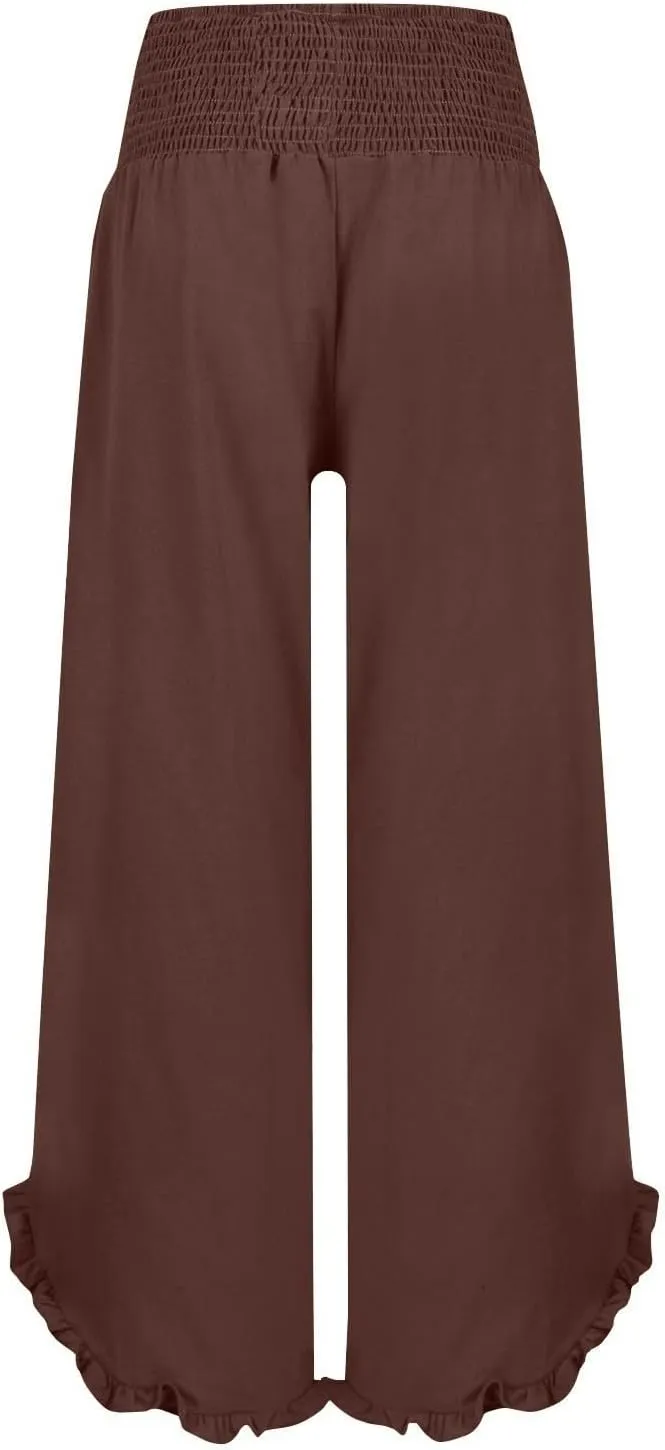 Wide Leg Linen Pants for Women Ruffle Smocked Elastic High Waist Casual Summer Palazzo Pants Flowy Boho Beach Trousers