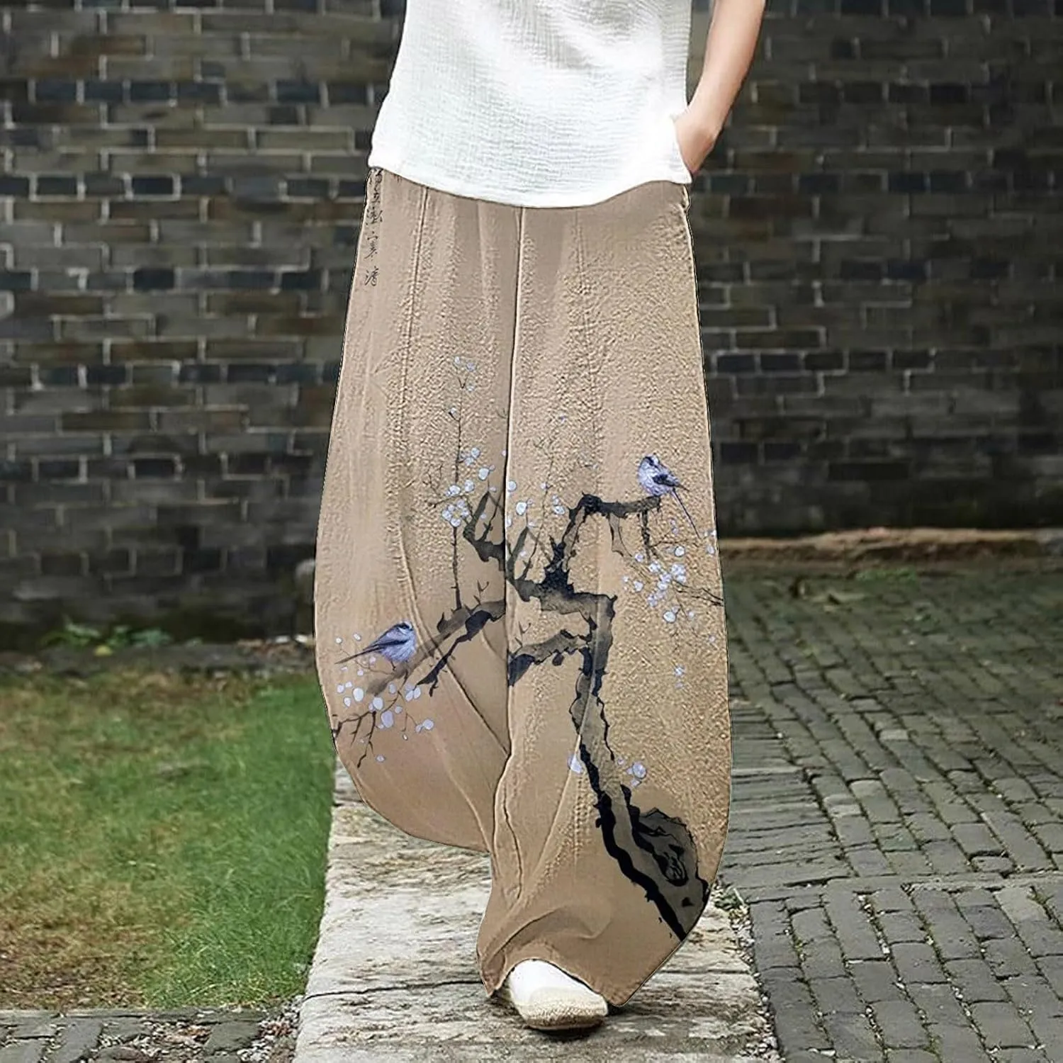 Wide Leg Linen Pants for Women Summer Baggy Japanese Style Palazzo Pants Boho Floral Lantern Trousers with Pockets