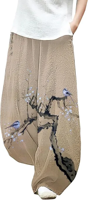 Wide Leg Linen Pants for Women Summer Baggy Japanese Style Palazzo Pants Boho Floral Lantern Trousers with Pockets