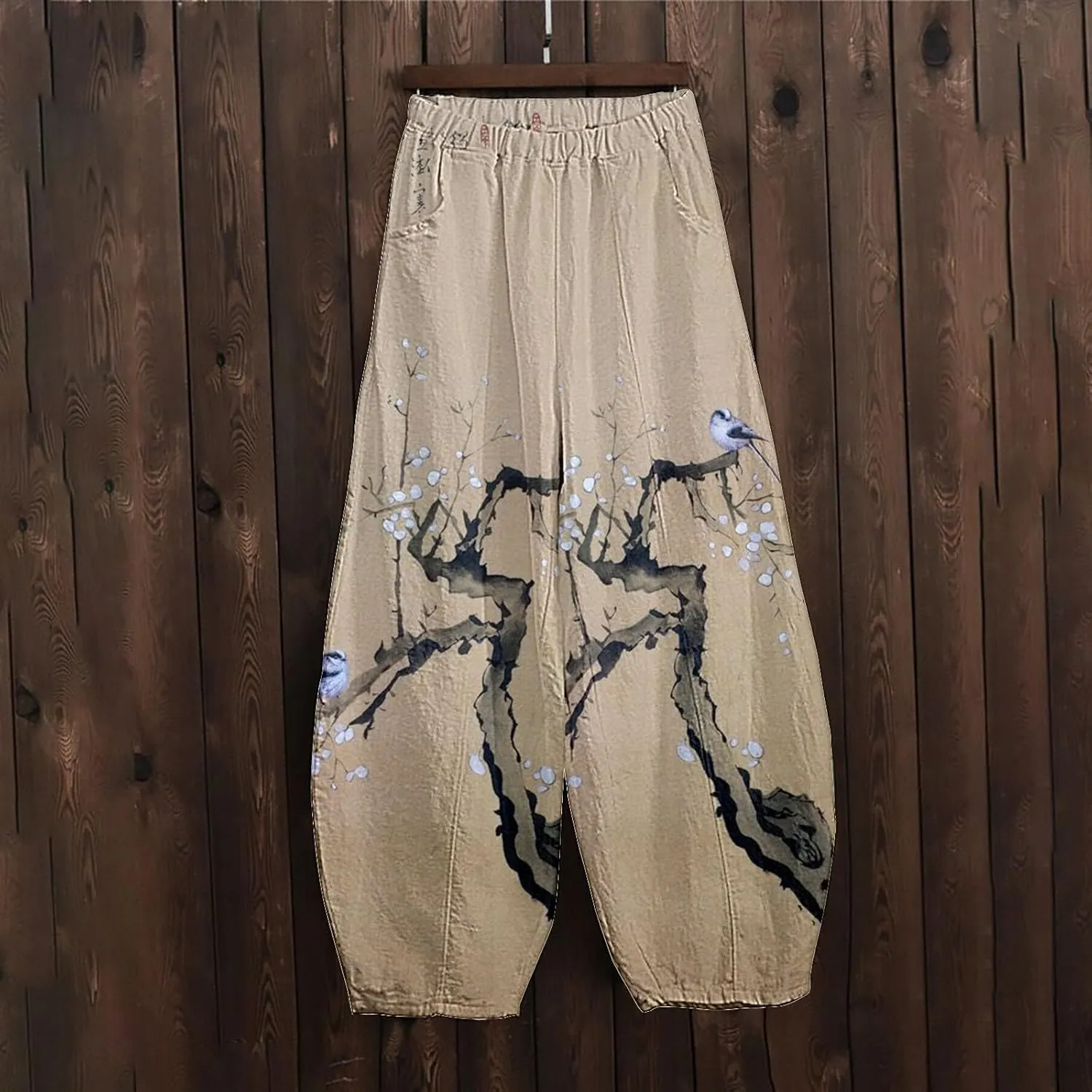 Wide Leg Linen Pants for Women Summer Baggy Japanese Style Palazzo Pants Boho Floral Lantern Trousers with Pockets