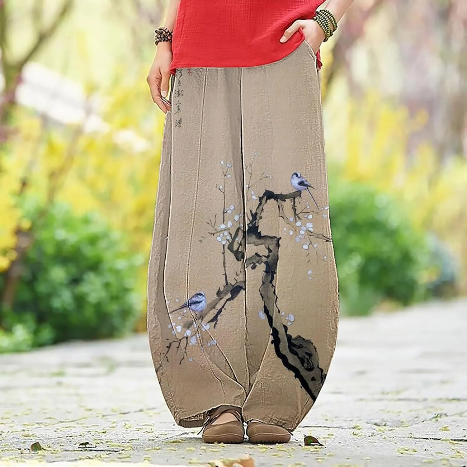 Wide Leg Linen Pants for Women Summer Baggy Japanese Style Palazzo Pants Boho Floral Lantern Trousers with Pockets