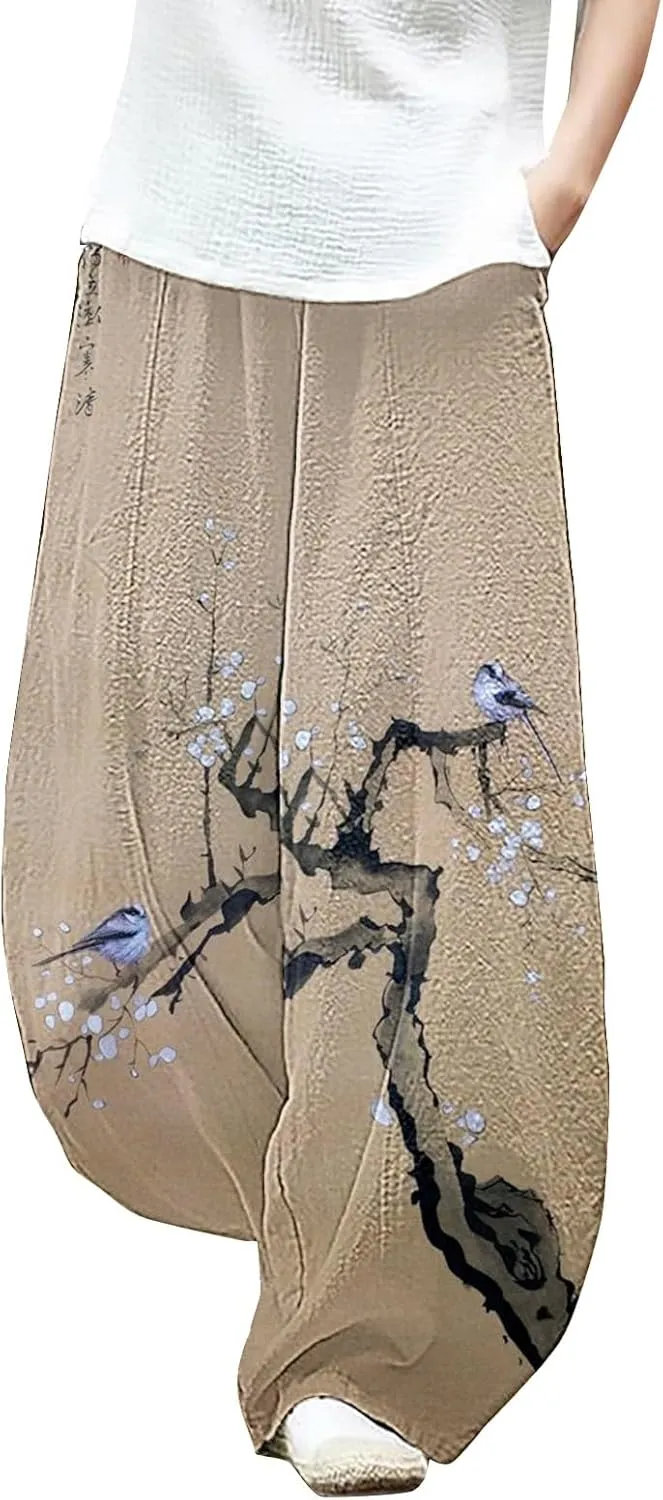 Wide Leg Linen Pants for Women Summer Baggy Japanese Style Palazzo Pants Boho Floral Lantern Trousers with Pockets