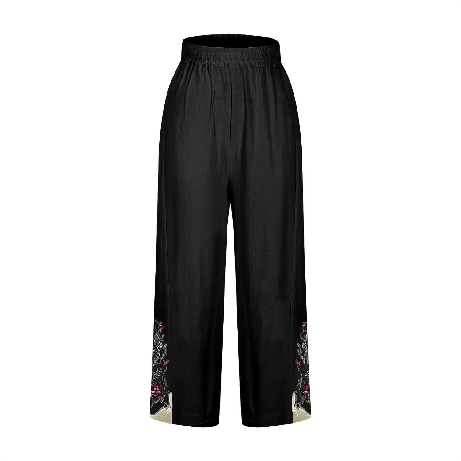 Wide Leg Linen Pants for Women Vintage Floral Embroidered Cropped Trousers High Elastic Waist Summer Beach Pants