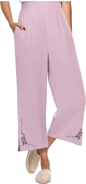 Wide Leg Linen Pants for Women Vintage Floral Embroidered Cropped Trousers High Elastic Waist Summer Beach Pants