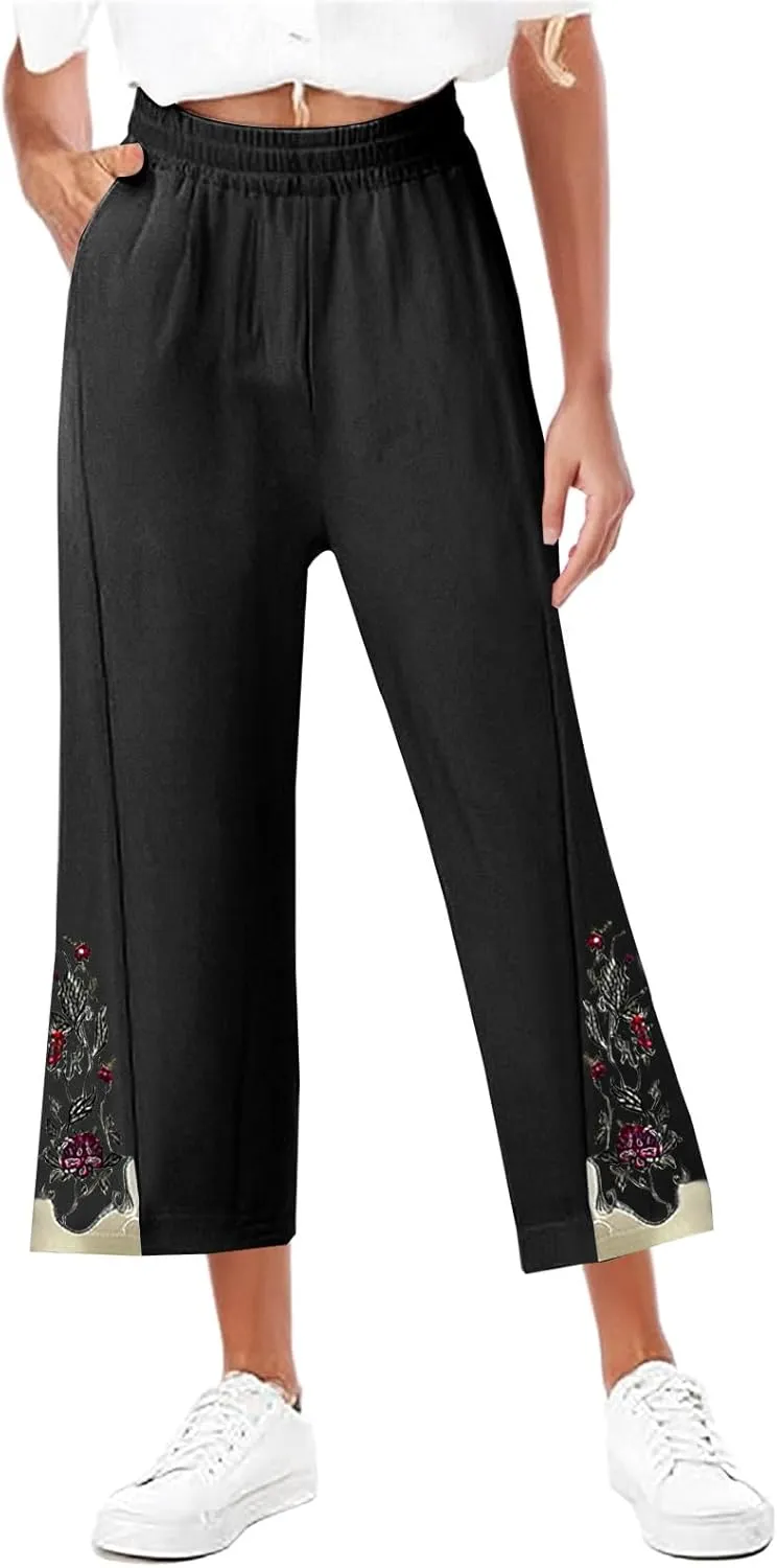 Wide Leg Linen Pants for Women Vintage Floral Embroidered Cropped Trousers High Elastic Waist Summer Beach Pants