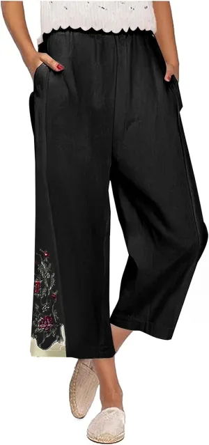 Wide Leg Linen Pants for Women Vintage Floral Embroidered Cropped Trousers High Elastic Waist Summer Beach Pants