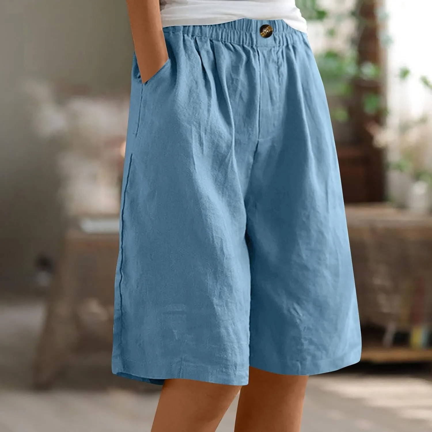 Wide Leg Linen Shorts for Women Knee Length Bermuda Shorts Summer Casual Loose Elastic Waist Beach Pants with Pocket