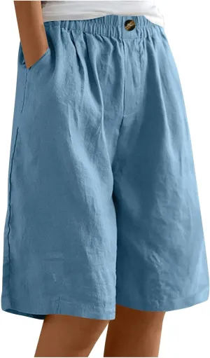 Wide Leg Linen Shorts for Women Knee Length Bermuda Shorts Summer Casual Loose Elastic Waist Beach Pants with Pocket