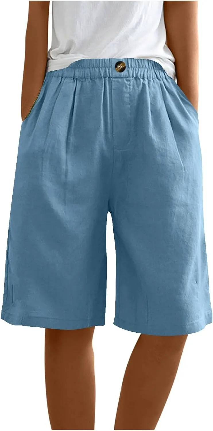 Wide Leg Linen Shorts for Women Knee Length Bermuda Shorts Summer Casual Loose Elastic Waist Beach Pants with Pocket