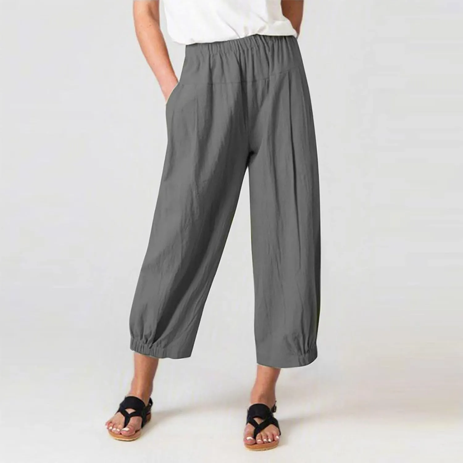 Wide Leg Lounge Pants for Women High Waist Cotton Linen Cropped Pant Dressy Casual Summer Trousers with Pockets