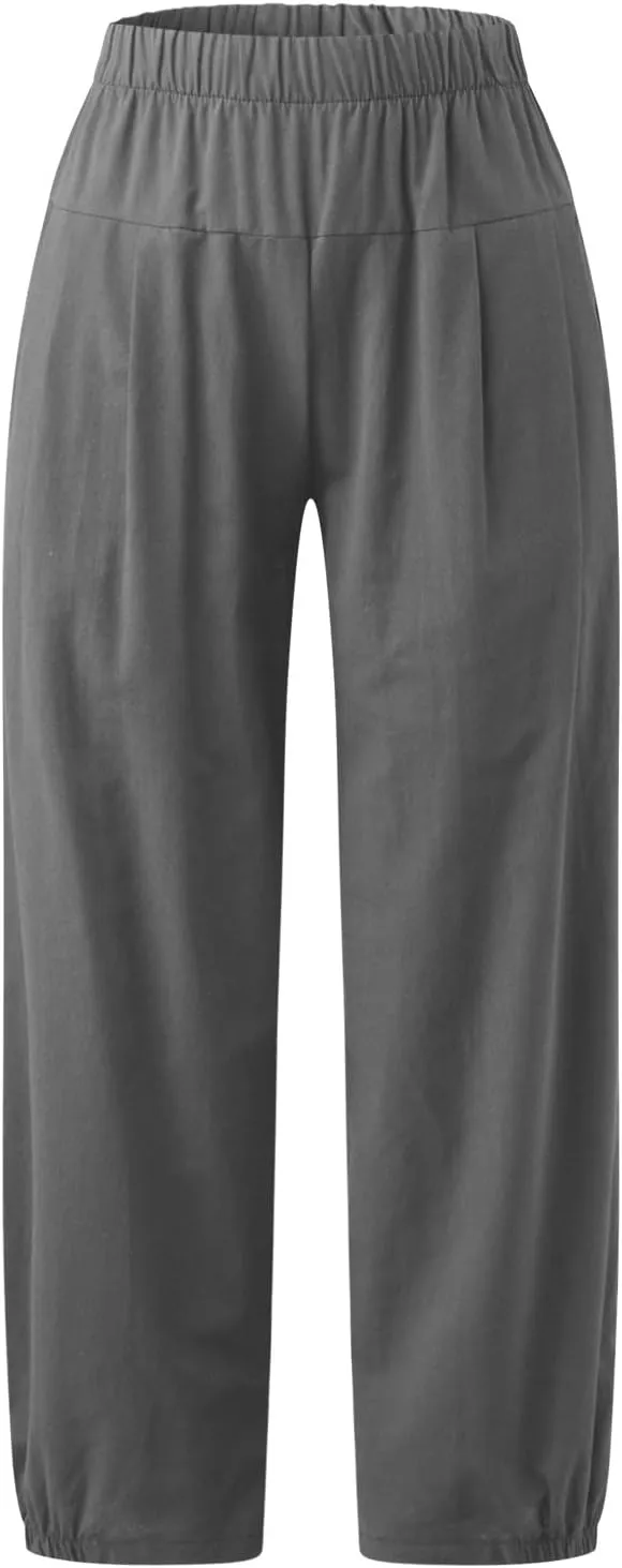 Wide Leg Lounge Pants for Women High Waist Cotton Linen Cropped Pant Dressy Casual Summer Trousers with Pockets
