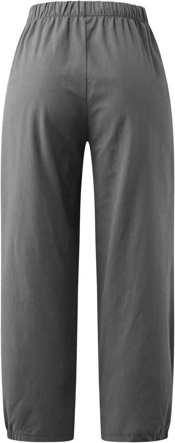 Wide Leg Lounge Pants for Women High Waist Cotton Linen Cropped Pant Dressy Casual Summer Trousers with Pockets