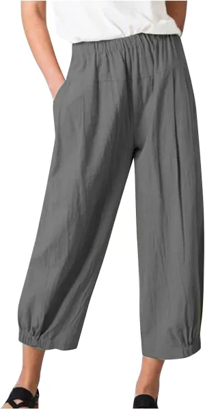 Wide Leg Lounge Pants for Women High Waist Cotton Linen Cropped Pant Dressy Casual Summer Trousers with Pockets