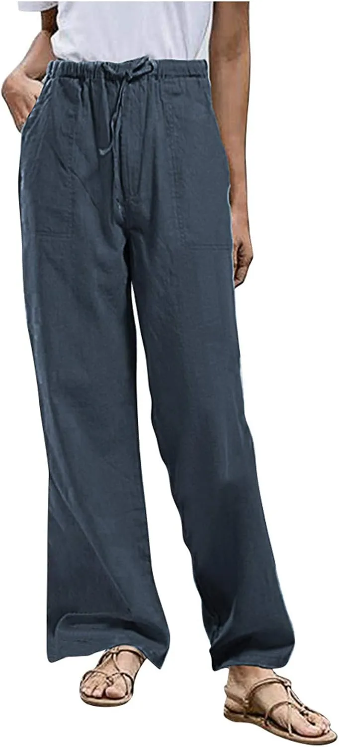 Wide Leg Pants for Women Summer Casual Cotton Linen Baggy Pant Elastic Waist Long Comfy Trousers with Pockets