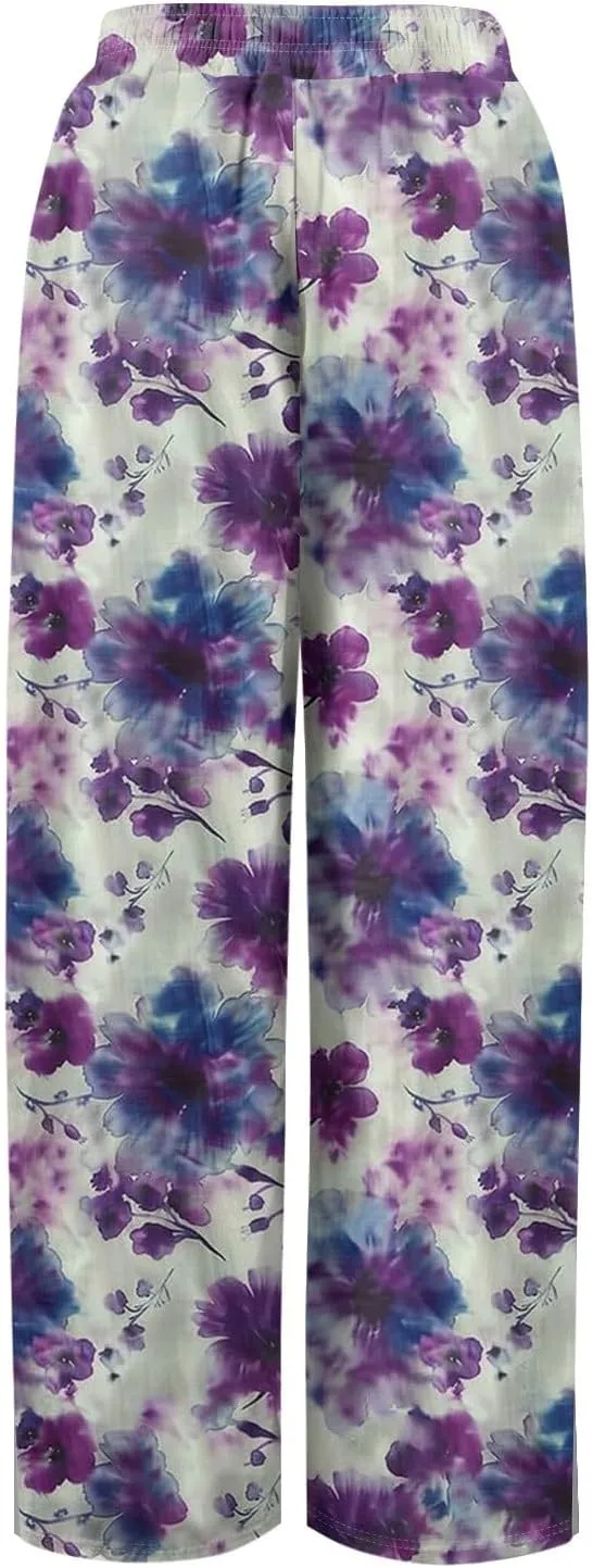 Wide Leg Pants Women 2025 Summer Floral Print Boho Palazzo Pants High Waist Lounge Trousers with Pockets