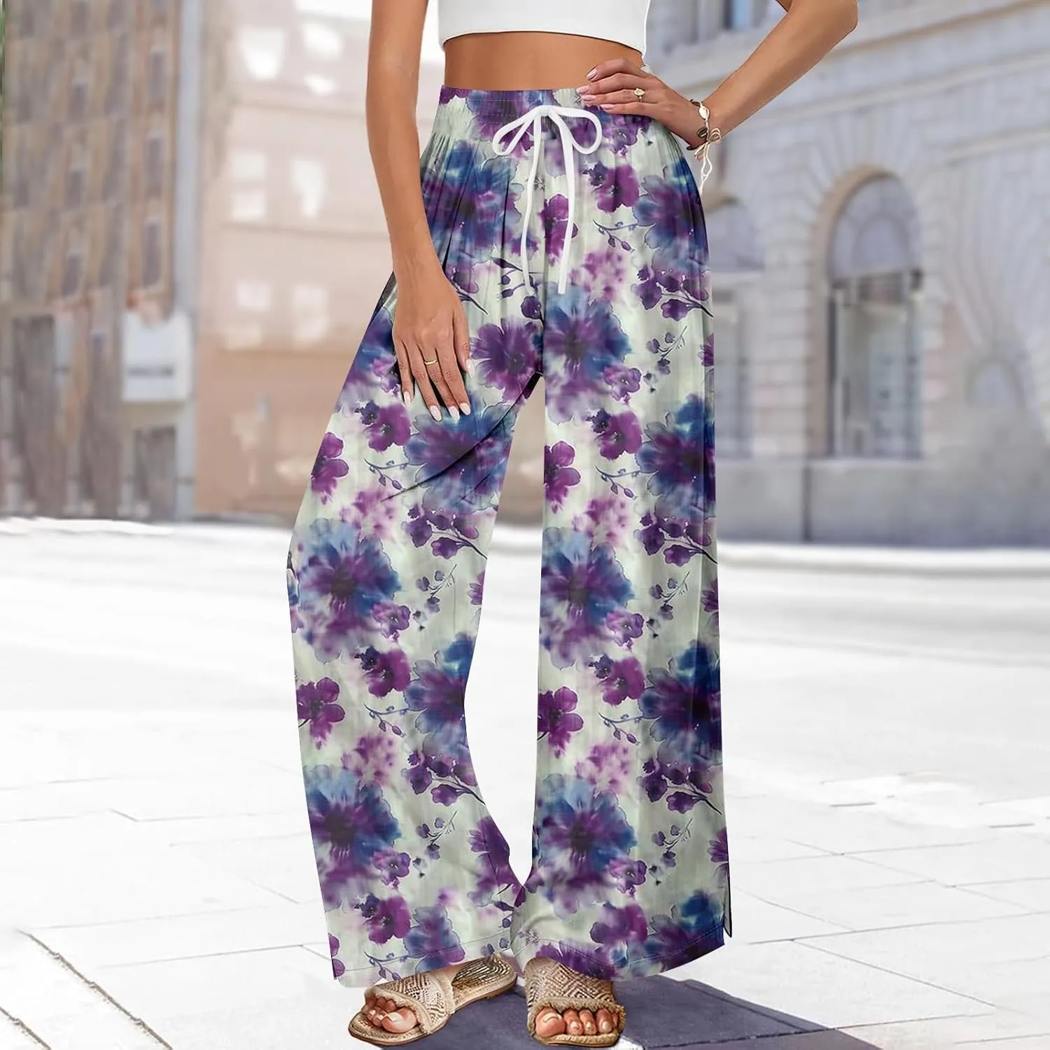 Wide Leg Pants Women 2025 Summer Floral Print Boho Palazzo Pants High Waist Lounge Trousers with Pockets