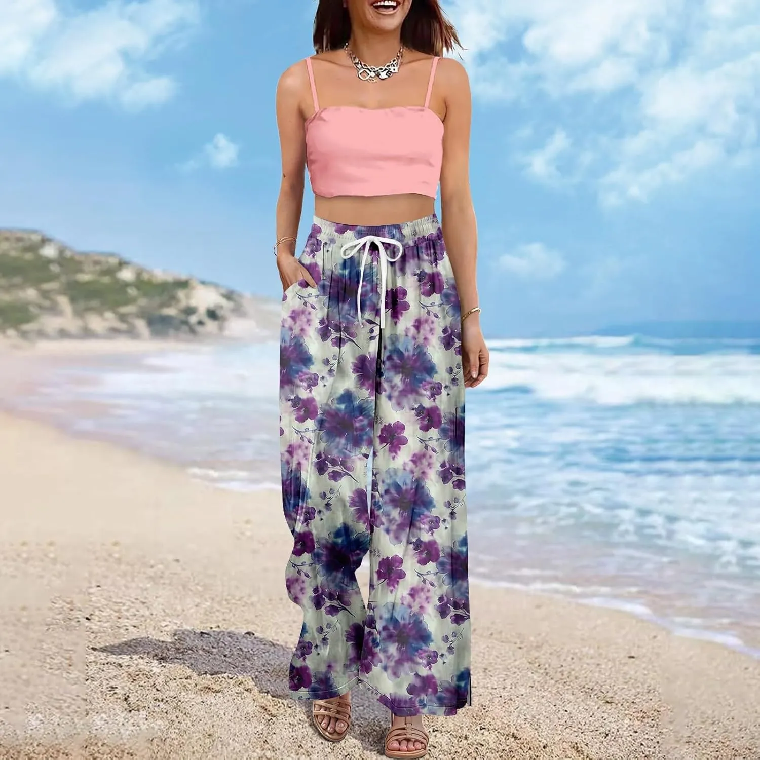 Wide Leg Pants Women 2025 Summer Floral Print Boho Palazzo Pants High Waist Lounge Trousers with Pockets