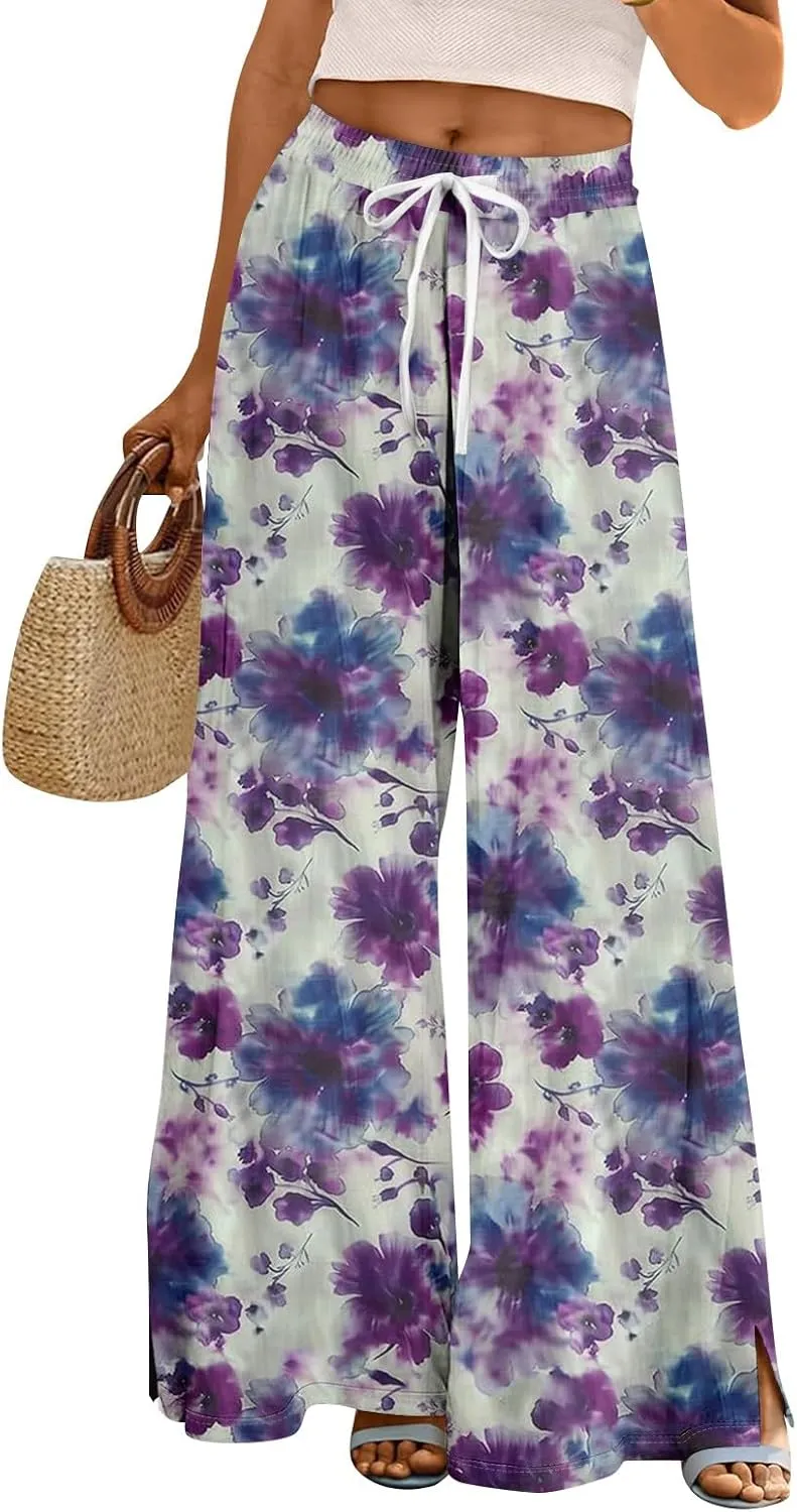 Wide Leg Pants Women 2025 Summer Floral Print Boho Palazzo Pants High Waist Lounge Trousers with Pockets