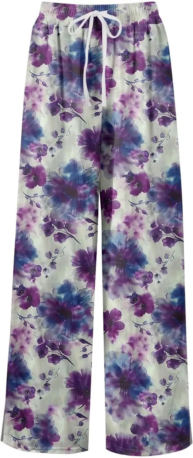 Wide Leg Pants Women 2025 Summer Floral Print Boho Palazzo Pants High Waist Lounge Trousers with Pockets
