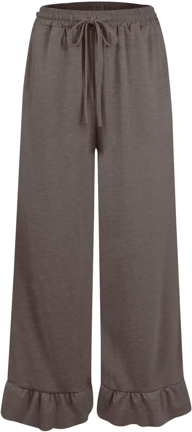 Wide Leg Trouser Pants for Women Drawstring High Waisted Ruffle Hem Palazzo Pants with Pockets Boho Flowy Pants
