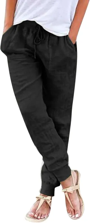 Wide Leg Trousers Women Tall Elastic Summer Linen 2024 Straight Leg Pants Drawstring Comfy Trousers with Pockets
