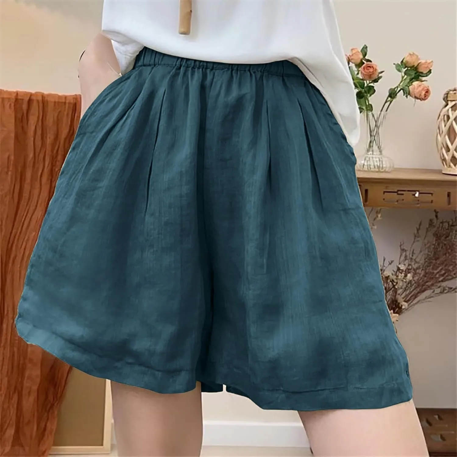 Wkishenl Linen Shorts for Women Casual High Waisted Flowy Dressy Fashion Wide Leg Bermuda Shorts Summer Beach Vacation Outfit